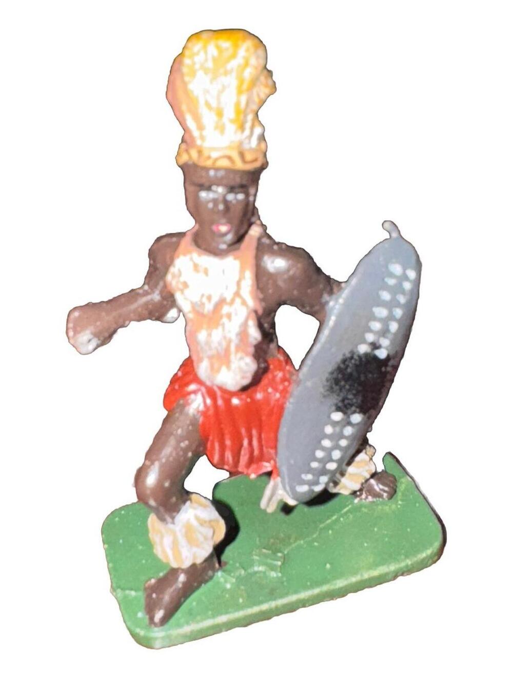 Vintage African Warrior Miniature Figurine with Shield and Headdress